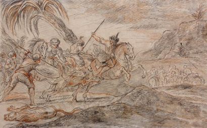 Charles PARROCEL (Paris 1688 - 1752) La chasse aux lions Pierre noire et sanguine....