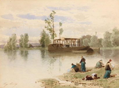 Eugène CICERI (Paris 1813 - 1890) Les lavandières Aquarelle sur traits de crayon...