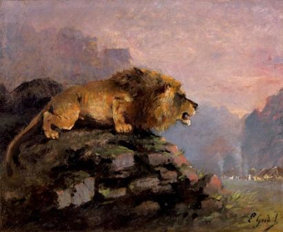 Emile GRIDEL (1839 - 1901) Lion sur un rocher Huile sur toile signée en bas à droite...