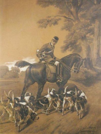 Charles Fernand de CONDAMY (1855 - 1913) Veneur et meute de chiens Fusain et rehauts...