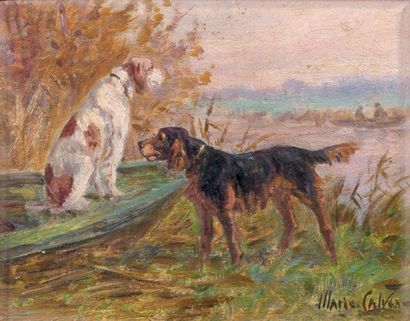 Marie Didière CALVES (1883 - 1957) Les deux chiens Huile sur panneau signée en bas...