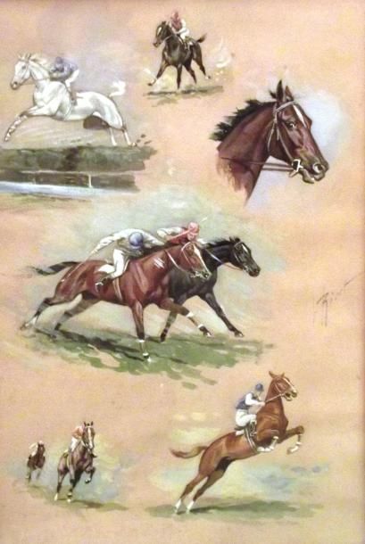 J. RIVET (XXème) Les chevaux et les courses Paire d'aquarelles gouachées sur papier...
