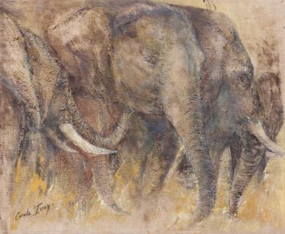 Carole IVOY (née en 1947) Les éléphants Huile sur toile signée en bas à gauche et...