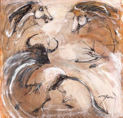 Jean Marie GUINY Corrida Peinture sur soie. Dim. 86 x 90 cm
