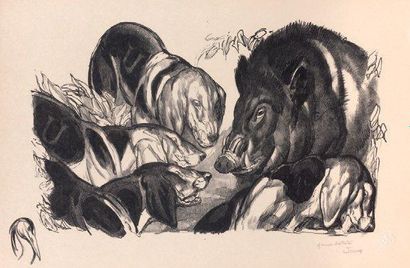 Paul JOUVE (1878 - 1973) Sanglier au ferme Lithographie originale sur papier japon...