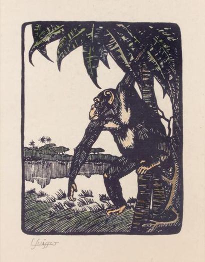 Gaston SUISSE (1896 - 1988) Gorille Gravure sur bois sur papier japon. Rehaussée...