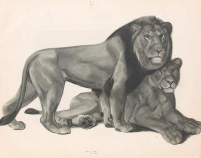 Georges Lucien GUYOT (1885 - 1973) Lion et lionne Gravure sous verre. Dim. 24 x 30...