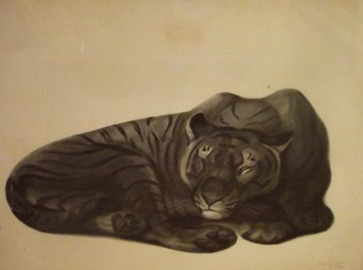 Georges Lucien GUYOT (1885 - 1973) Tigre couché Gravure sous verre. Dim. 24 x 30...