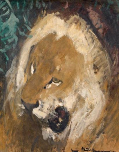 Henri DELUERMOZ (1876 - 1943) Tête de lion Huile sur toile signée en bas à droite...
