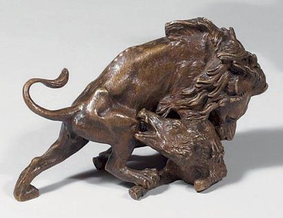 Jules MOIGNIEZ (1835 - 1894) Lion et sanglier Bronze à patine brune signée en creux...