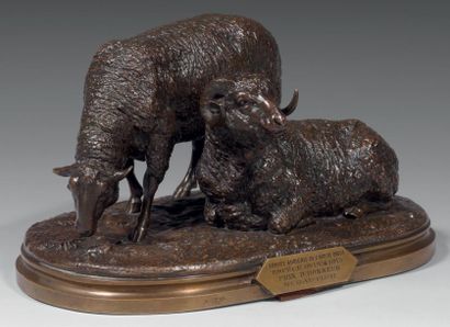 Isidore Jules BONHEUR (1827 - 1901) Couple de moutons Bronze à patine brune nuancée....
