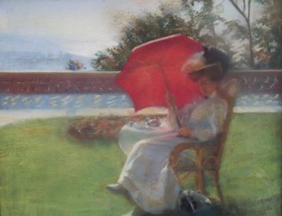 Marie Iza GALEZOWSKA (1880- ) Femme à l'ombrelle rouge Pastel sur toile, signé en...
