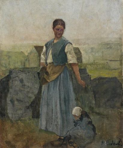 A. BIDAULT (XIXème siècle) Mère et fille Huile sur toile, signée en bas à droite...