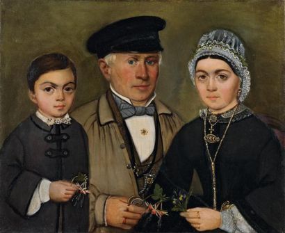 ECOLE NORMANDE du XIXème siècle Portrait de famille Huile sur toile 54 x 65 cm. (Restaurations,...