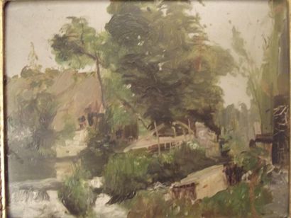 ECOLE FRANÇAISE du XIXème siècle Paysage au moulin Huile sur carton 19 x 27 cm