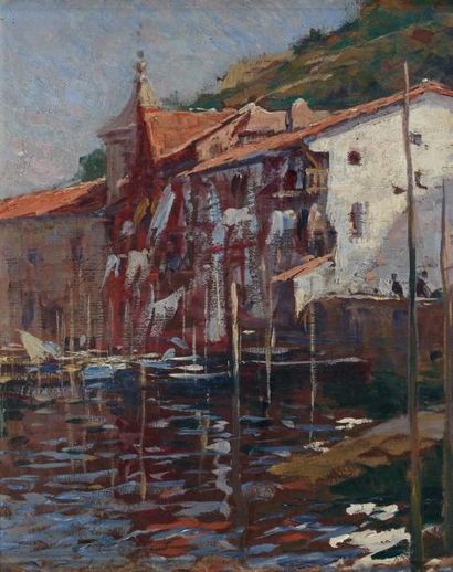 Paul Emile LECOMTE (1877-1950) Port du midi Huile sur carton, signée en bas au milieu...
