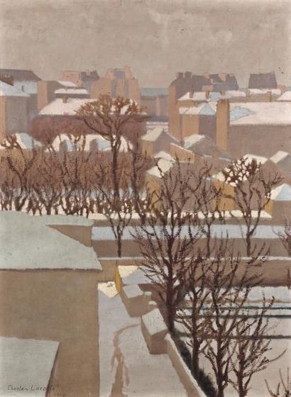 Charles LACOSTE (1870-1959) Neige au soleil dans le jardin Huile sur carton, signée...
