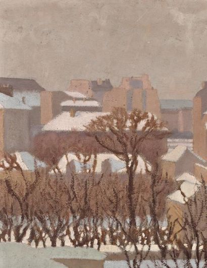Charles LACOSTE (1870-1959) Neige au soleil dans le jardin Huile sur carton, signée...