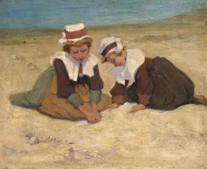 Attribué Robert LOGAN Deux petites filles jouant sur la plage Huile sur toile 56...