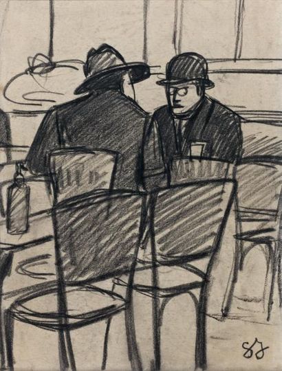 Georges JOUBIN (1888-1983) Au café Fusain, signé des initiales en bas à droite 28,5...