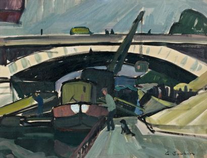 Georges JOUBIN (1888-1983) Pont de Paris Aquarelle, gouache et huile, signée en bas...