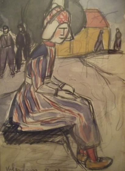 Georges JOUBIN (1888-1983) Hollandaise Pierre noire et aquarelle, située en bas à...