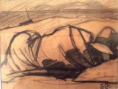 Georges JOUBIN (1888-1983) Personnage endormi sur la dune Dessin au crayon, fusain,...