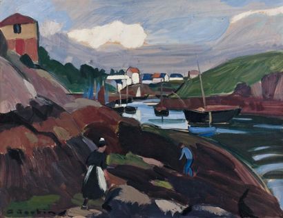 Georges JOUBIN (1888-1983) Port en Bretagne Huile sur papier marouflée sur carton,...