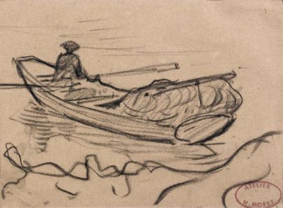 Henri MORET (1856-1913) Pêcheur dans sa barque Dessin au fusain, signé du cachet...