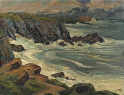 Pierre PERON (1905-1988) Côte rocheuse dans le Finistère Huile sur toile, signée...