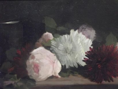 Boris KRILOV (1891-1977) Roses et dahlias Huile sur carton 20 x 26 cm