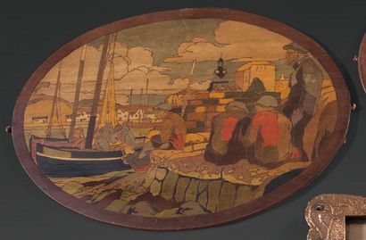 ECOLE BRETONNE du XXème siècle Le port de Concarneau Pyrogravure sur bois polychrome...