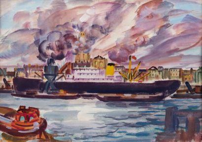 Jean-Julien LEMORDANT (1878-1968) Cargo dans un port Aquarelle, signée en bas à droite...