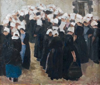 Jean-Julien LEMORDANT (1878-1968) Sortie d'église Huile sur carton 46 x 54 cm. (Petits...
