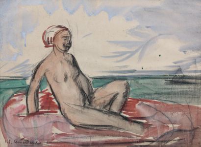 Jean-Julien LEMORDANT (1878-1968) Nu à la serviette rouge Fusain et aquarelle, signé...