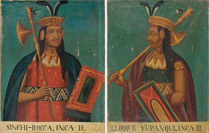 ECOLE PERUVIENNE Sinchi-Rocca, Inca II - Lloque Yupanqui, Inca III Deux huiles sur...