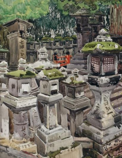 Mathurin MEHEUT (1882-1958) Temple japonais, circa 1914 Aquarelle, gouache et mine...