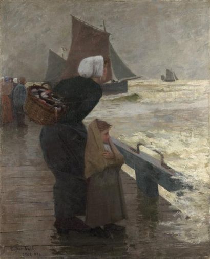 Eugène-Lawrence VAIL (1857-1934) La femme du pêcheur Huile sur toile, signée en bas...