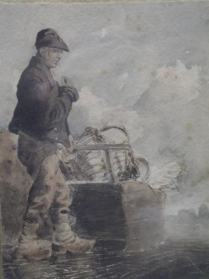 ECOLE du XIXème siècle Le pêcheur Aquarelle 21 x 17 cm. (Mouillures)