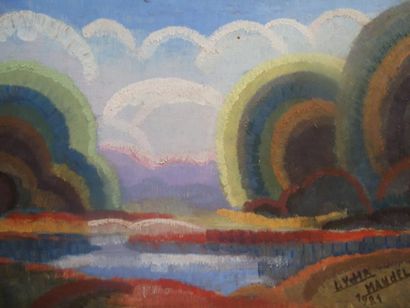 Lydia MANDEL (XXème siècle) Paysage au lac Huile sur carton, signée en bas à droite...