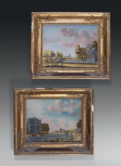 Jonas ZEUNER (1727 - 1814) Paire de panneaux en verre églomisé et peint en technique...