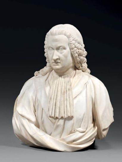 null Buste en marbre blanc représentant un magistrat perruqué à col en dentelle XVIIIème...