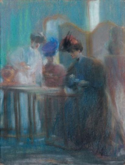 Louis FORTUNEY (1875 - 1950) Élégantes à l'heure du thé Pastel, signé en droite 54...