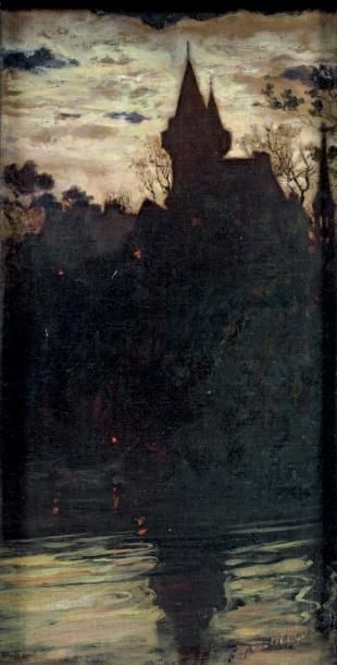 Frédéric Arthur BRIDGMAN (1847 - 1920) Le château du Hénant au clair de lune Huile...