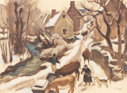 Jules-Emile ZINGG (1882 - 1942) Le village sous la neige, Auvergne. Aquarelle et...
