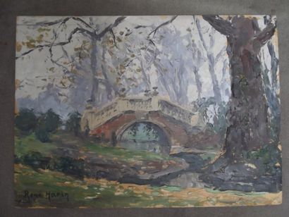 René HANIN (1873 - 1943) Petit pont en forêt Huile sur panneau, signée en bas à gauche....