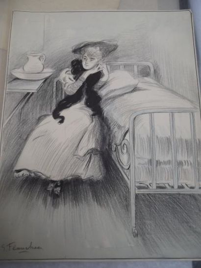 Gustave FLASSCHOEN (1868 - 1940) Grisette au saut du lit Fusain et aquarelle, signé...