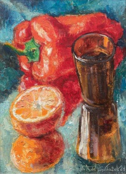 Georges A. de POGÉDAÏEFF (1897 - 1977) Piment, mandarine, verre marron à Ménerbes,...