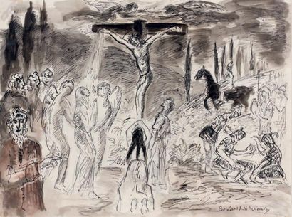 BOULARD de VILLENEUVE Maxime (1884-1971) «Crucifixion». Encre de Chine et lavis....