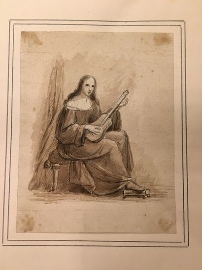 null Ecole Française du XIXe siècle. Chevalier en armure. Femme à la guitare, sujet...
